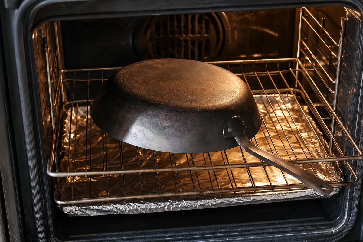 How to Season a Carbon Steel Pan in the Oven in a minimalist carbon steel cookware setting