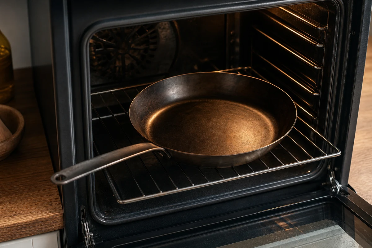 How to Season a Carbon Steel Pan in the Oven close-up showing the carbon steel surface or cooking process