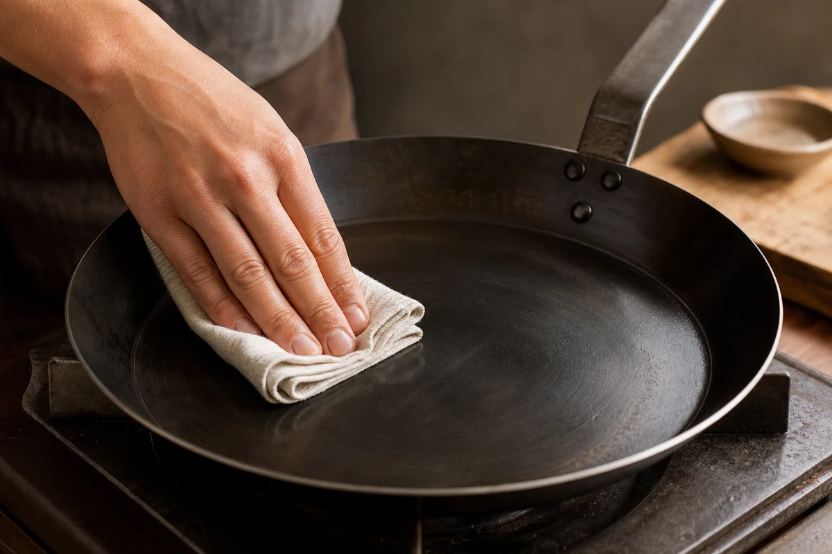 How to Season a Carbon Steel Pan: Step by Step: A hand wiping a thin film of oil across a heated carbon steel pan with a folded paper towel, the surface looking almost dry.