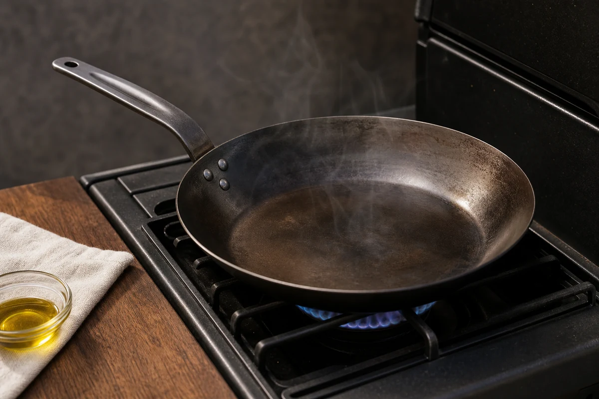 How to Season a Carbon Steel Pan: Step by Step: A pan seasoning outdoors on a grill side burner, smoke drifting away from the house.