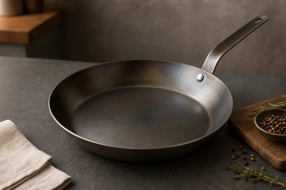 How to Season a Made In Carbon Steel Pan in a minimalist carbon steel cookware setting
