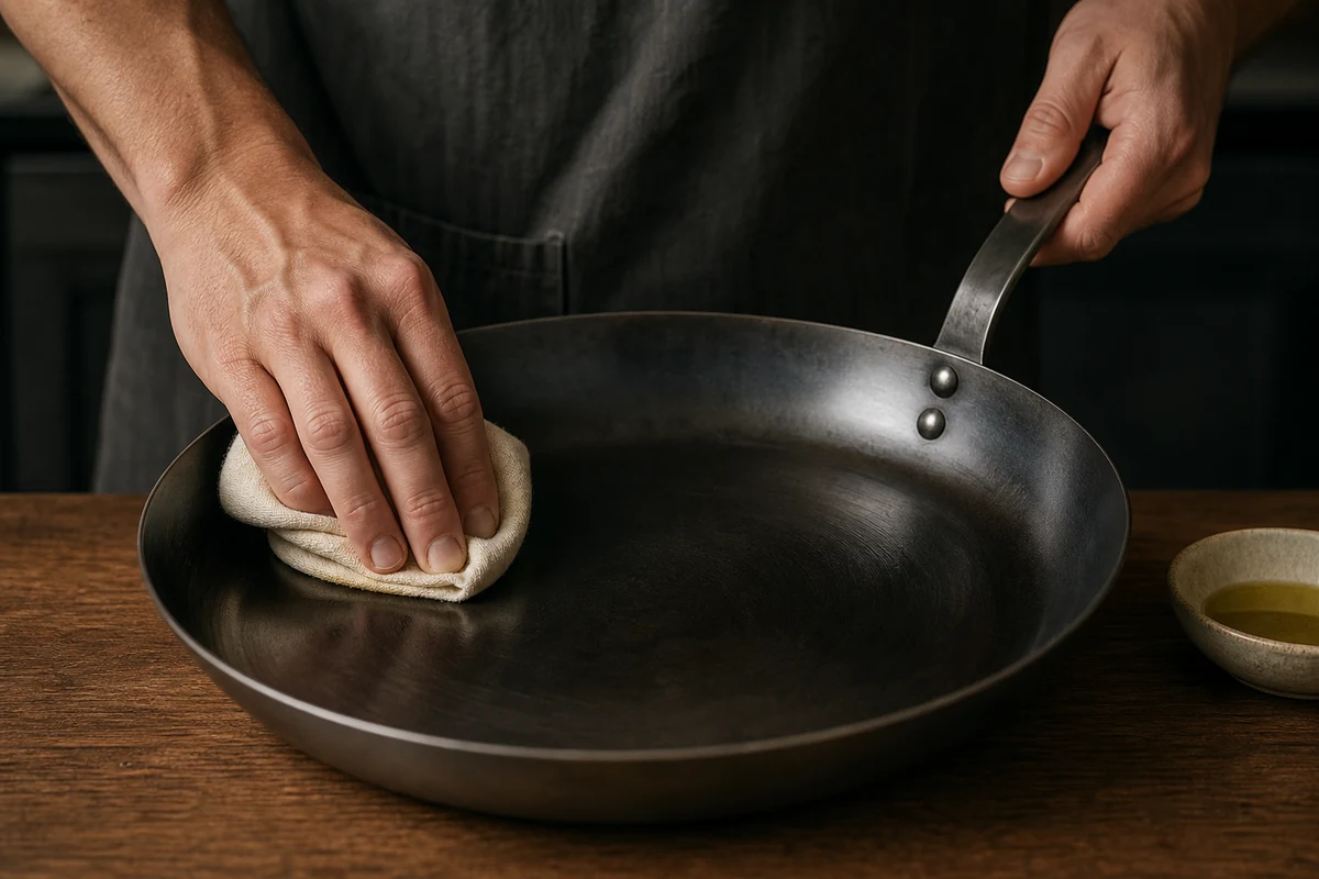 How to Season a Made In Carbon Steel Pan close-up showing the carbon steel surface or cooking process
