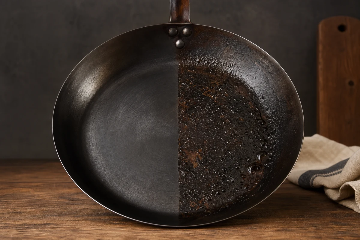 Why Is My Carbon Steel Pan Sticky? Five Causes and Fixes close-up showing the carbon steel surface or cooking process
