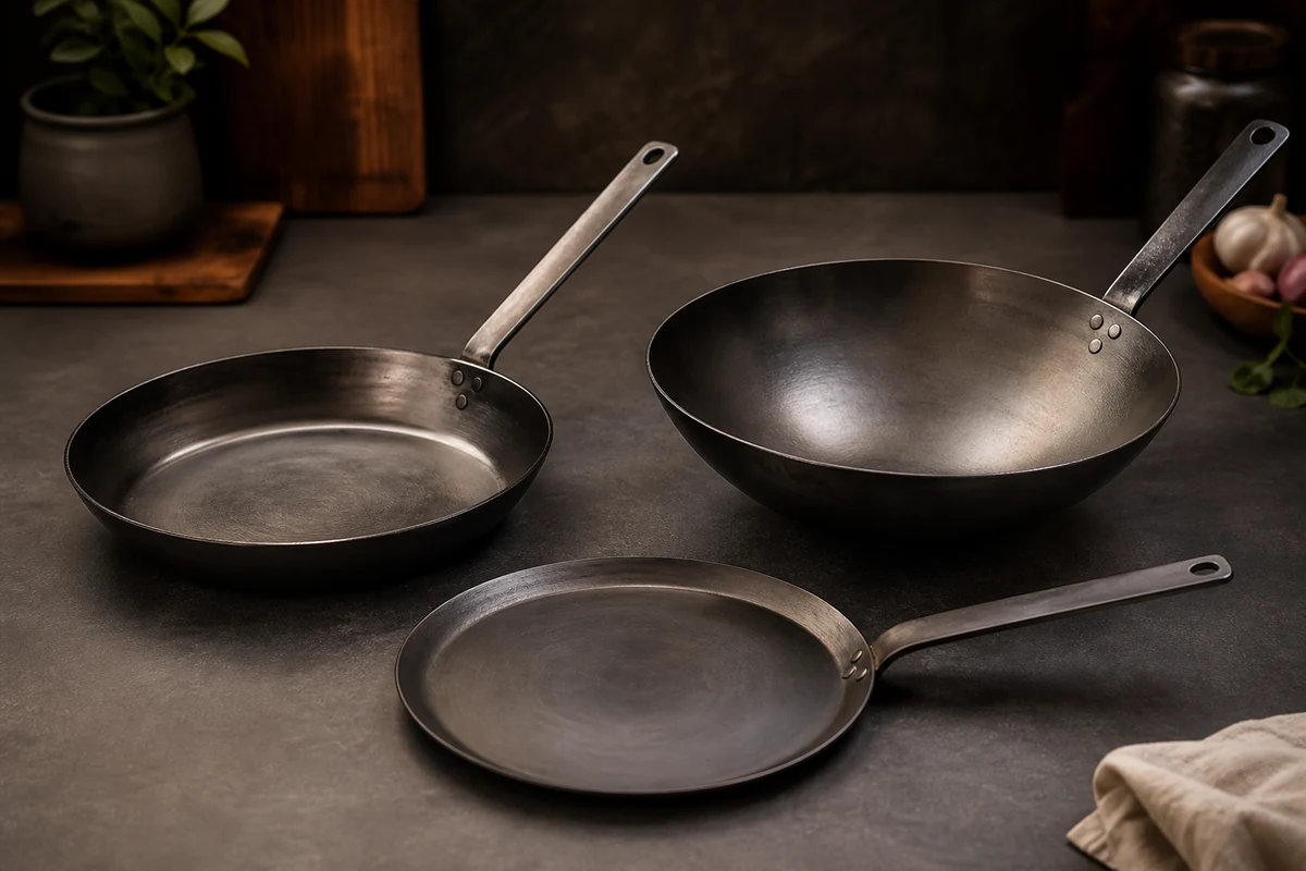 Types of Carbon Steel Pans Explained in a minimalist carbon steel cookware setting