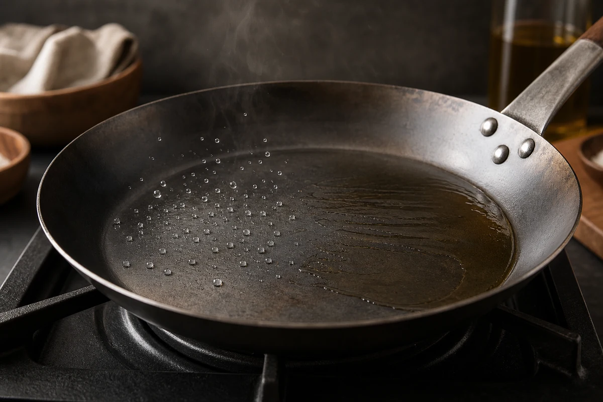 How to Use a Carbon Steel Pan: A Beginner Guide close-up showing the carbon steel surface or cooking process
