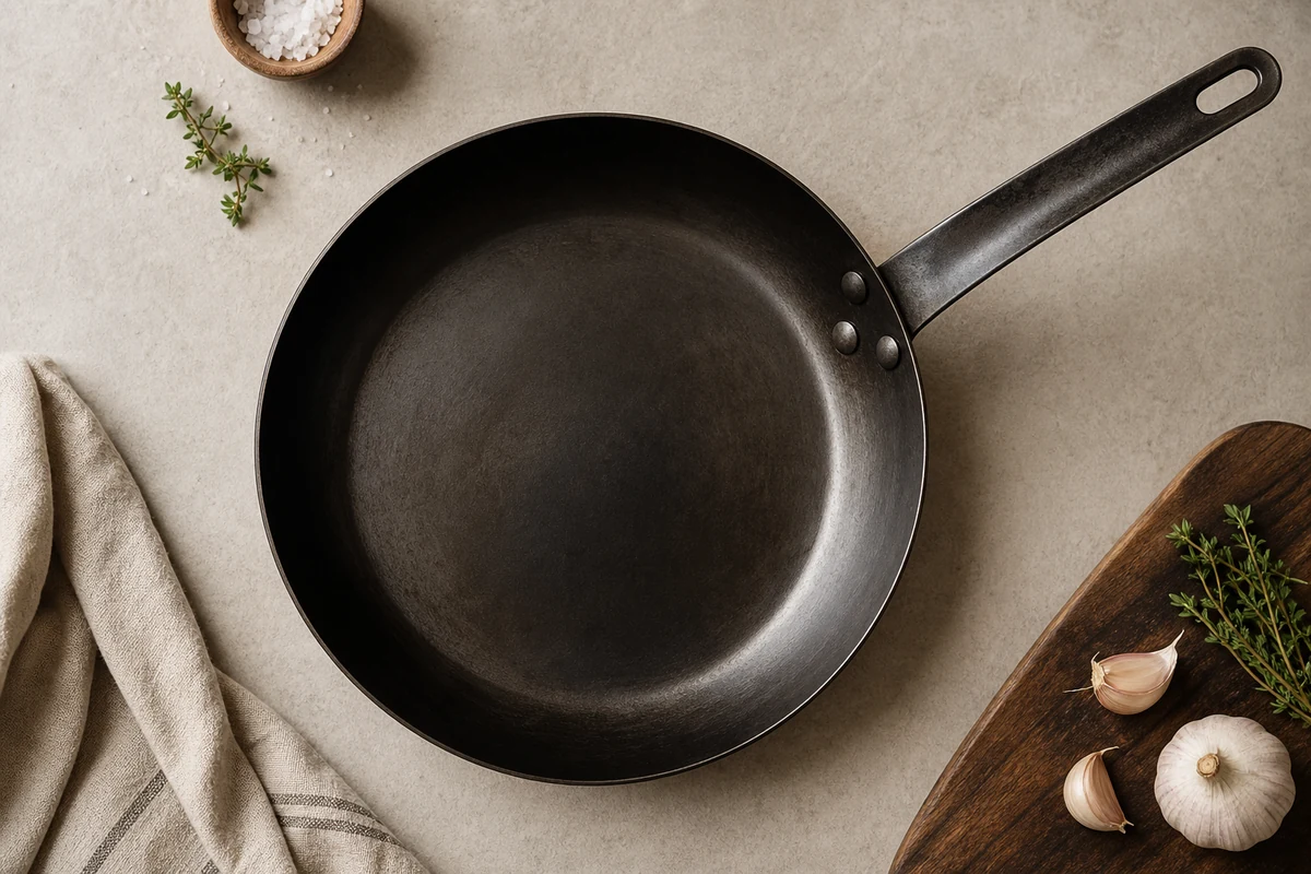What Is a Carbon Steel Pan? A Complete Guide: A top-down photo of a seasoned black carbon steel frying pan on a light worktop, showing the smooth cooking surface and metal handle.