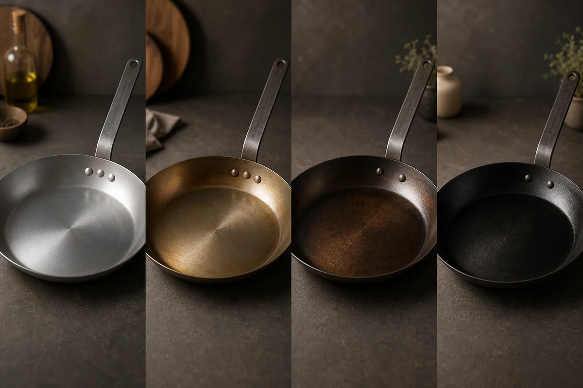 What Is a Carbon Steel Pan? A Complete Guide: A four-panel sequence showing the same carbon steel pan progressing from raw silver metal to gold, brown, and finally deep black seasoning.