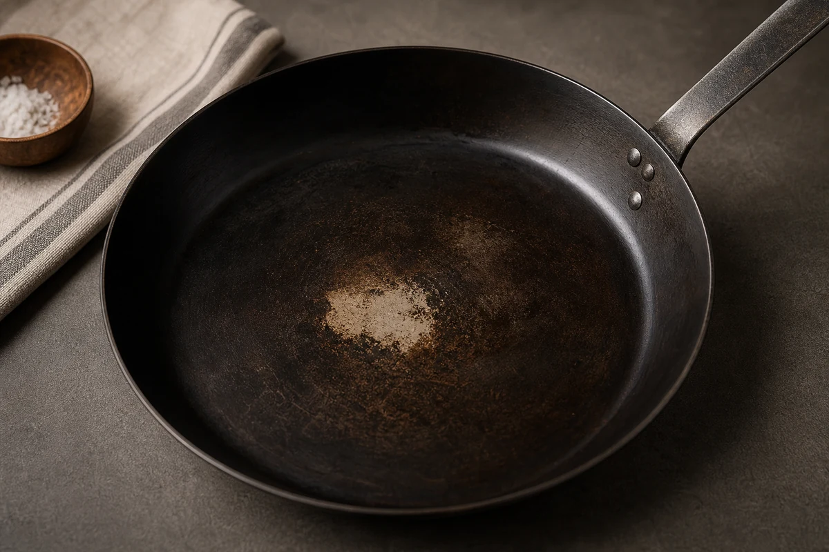 What NOT to Cook in a Carbon Steel Pan close-up showing the carbon steel surface or cooking process