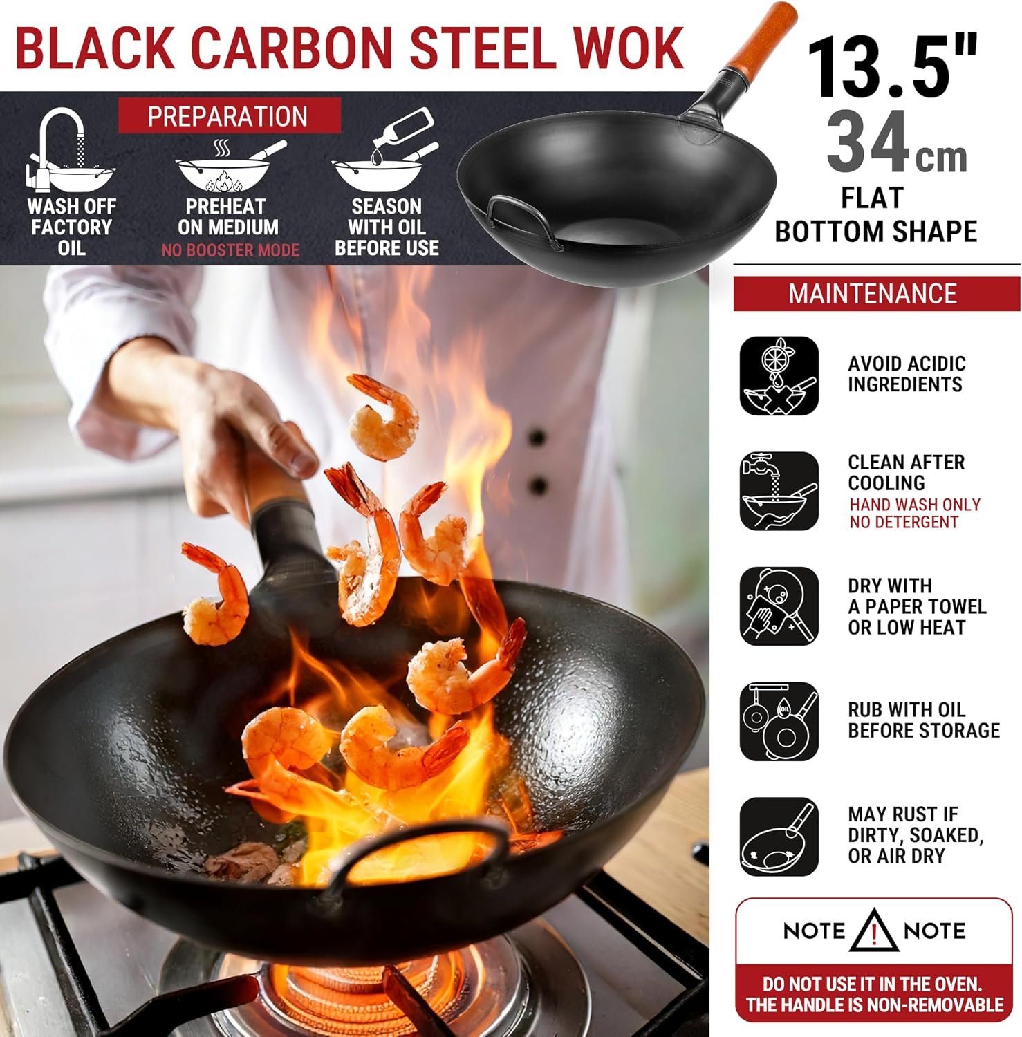 YOSUKATA 13.5 inch pre-seasoned carbon steel pow wok - view 3