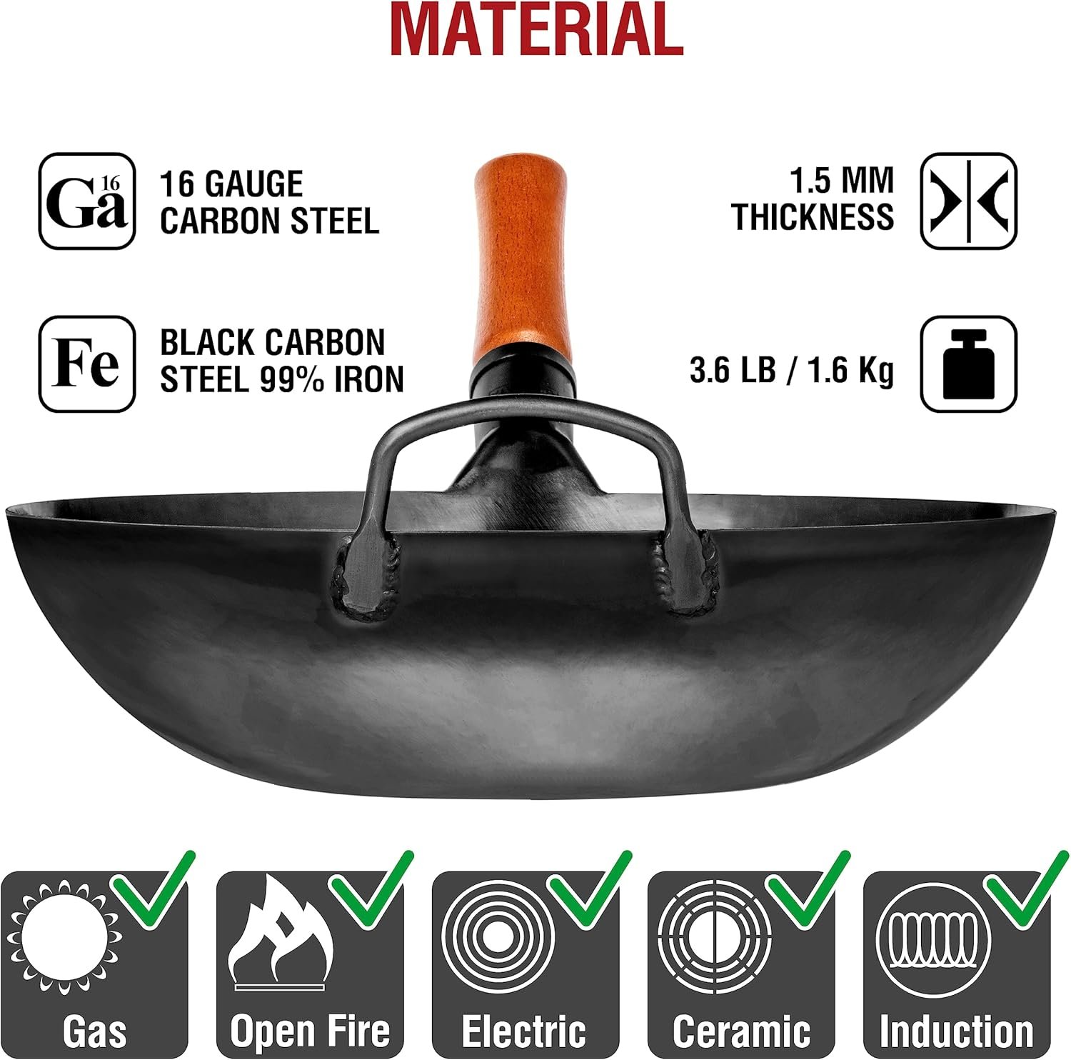 YOSUKATA 13.5 inch pre-seasoned carbon steel pow wok - view 5