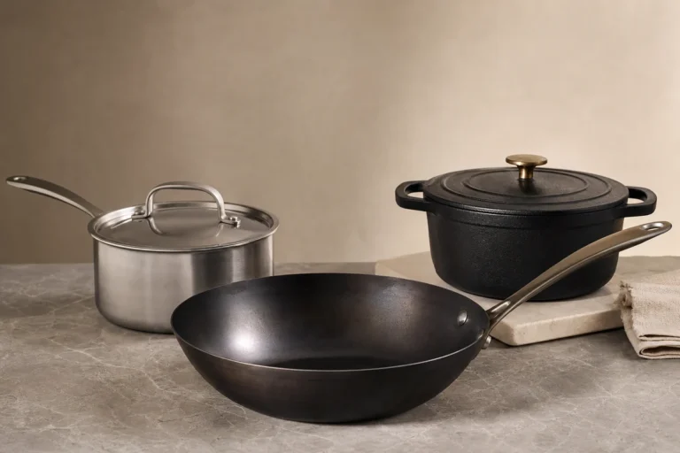 Safest cookware materials arranged for comparison