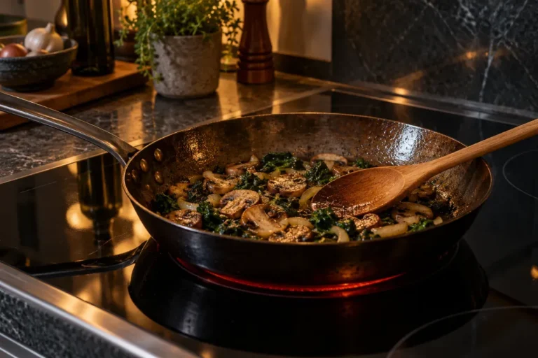 A carbon steel pan heating on a black ceramic glass-top electric stove