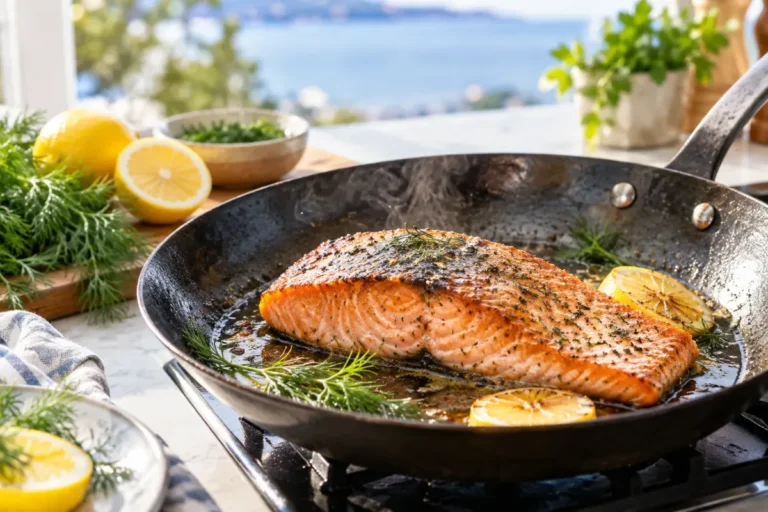 Crispy skin salmon searing in a carbon steel pan with lemon and dill