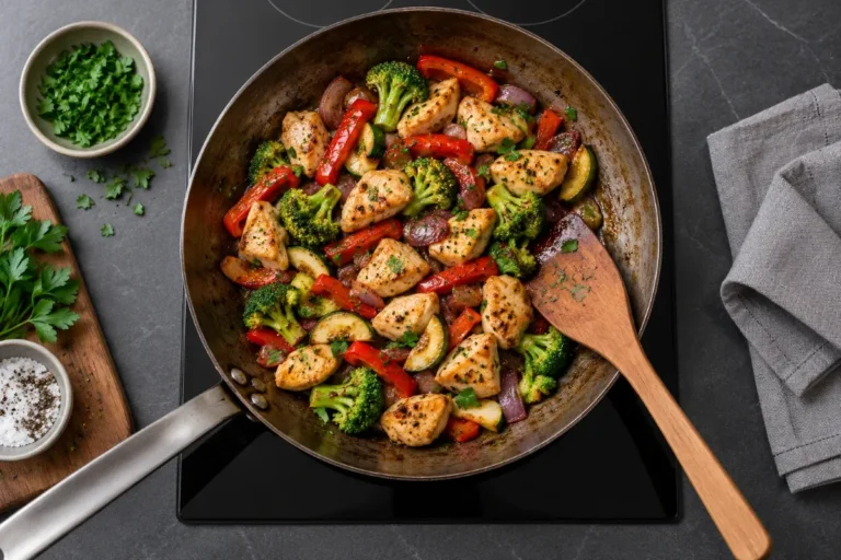 A carbon steel pan on an induction cooktop with sauteed chicken and vegetables, top down