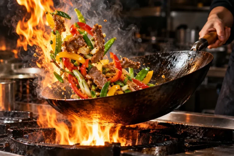 A carbon steel wok tossing a colorful beef and vegetable stir-fry over flames