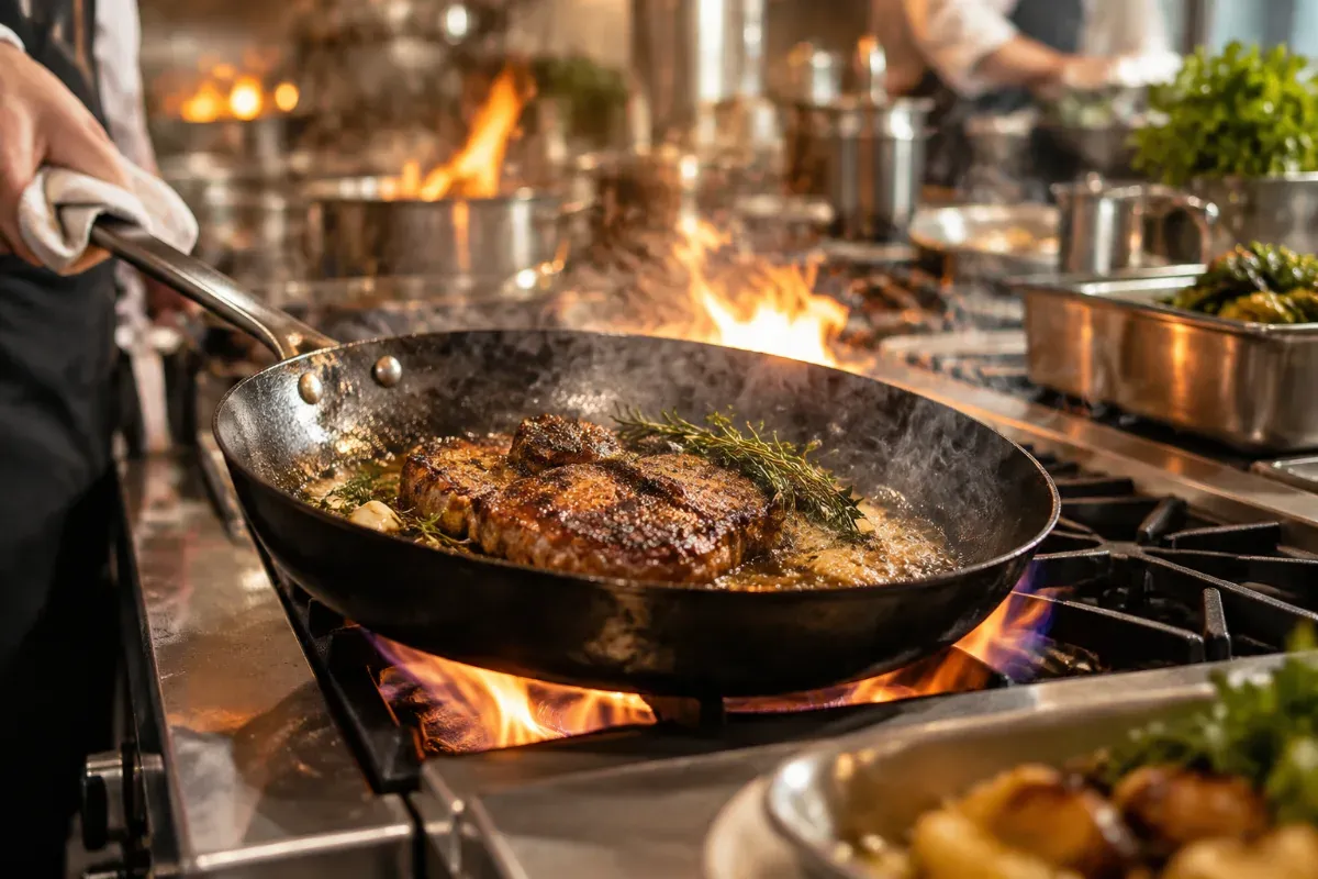 A professional carbon steel pan on a busy kitchen line
