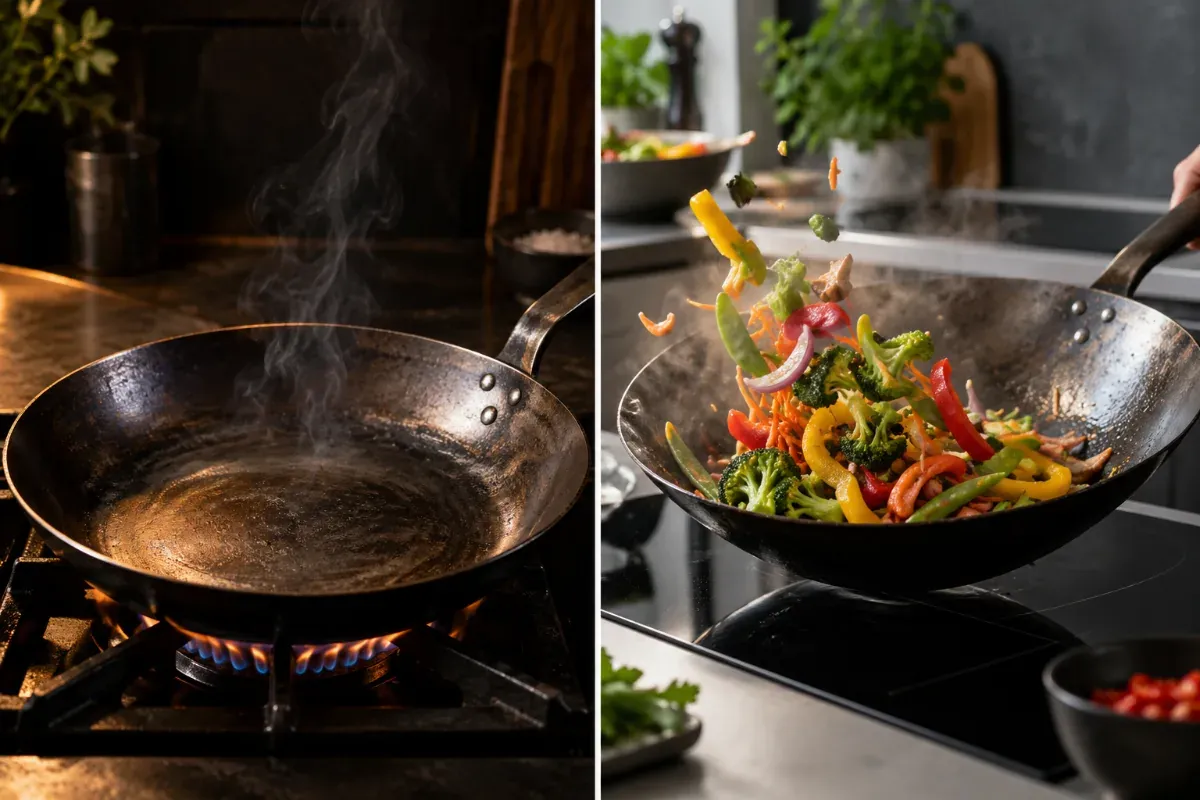 A flat bottom carbon steel wok on an induction cooktop