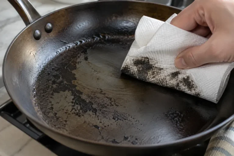 Wiping black residue from a carbon steel pan with a paper towel