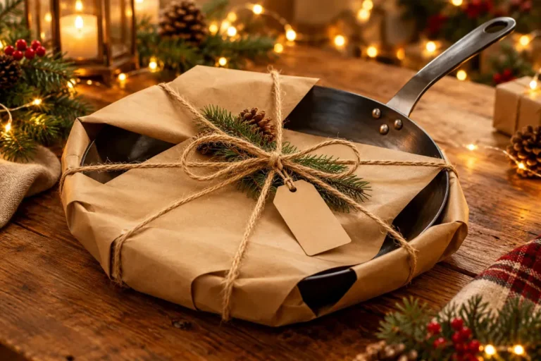 A carbon steel pan gift-wrapped in kraft paper and twine with holiday decor