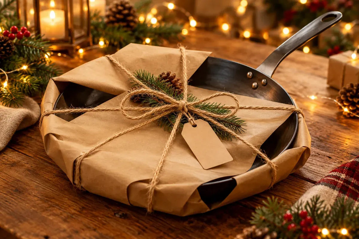 A carbon steel pan gift-wrapped in kraft paper and twine with holiday decor