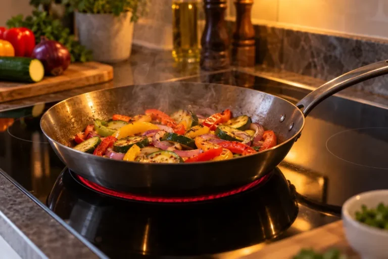 A carbon steel pan cooking on a black glass-top stove