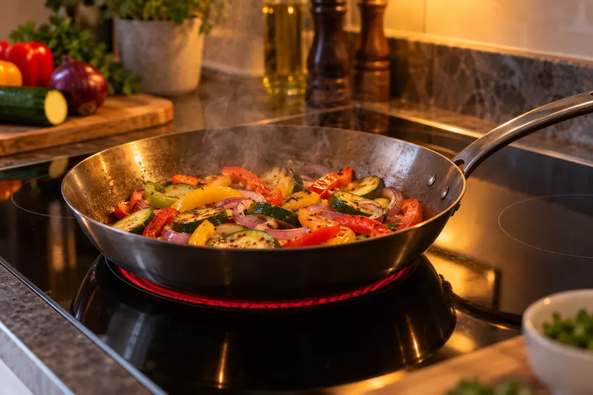 A carbon steel pan cooking on a black glass-top stove