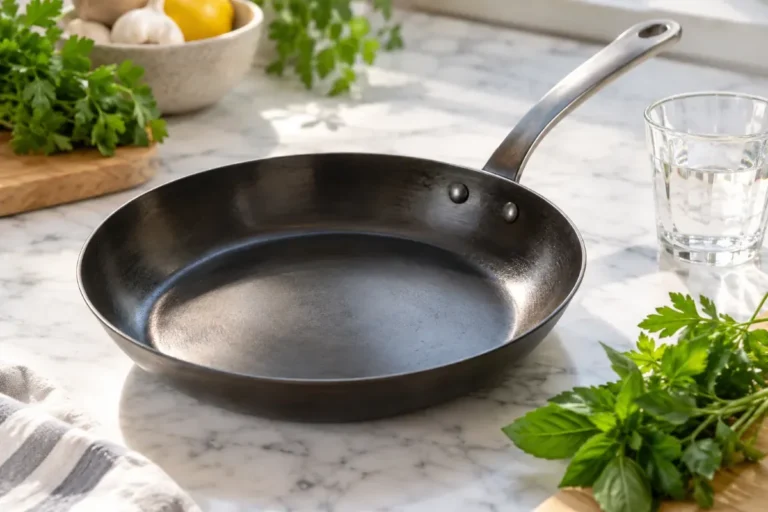 A clean carbon steel pan styled to show it is PFAS free