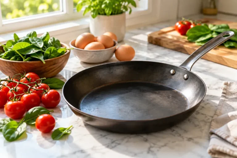 Non-toxic carbon steel pan with fresh eggs, tomatoes and spinach on a marble counter