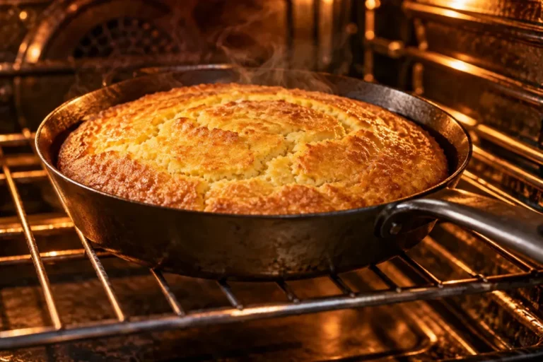 A carbon steel pan baking cornbread inside an open oven