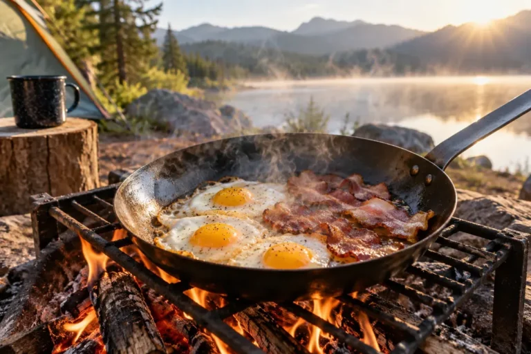 A carbon steel pan cooking over a campfire while camping
