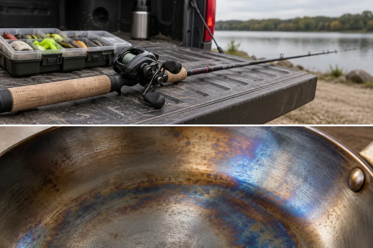 A carbon steel pan showing blue and gold heat discoloration