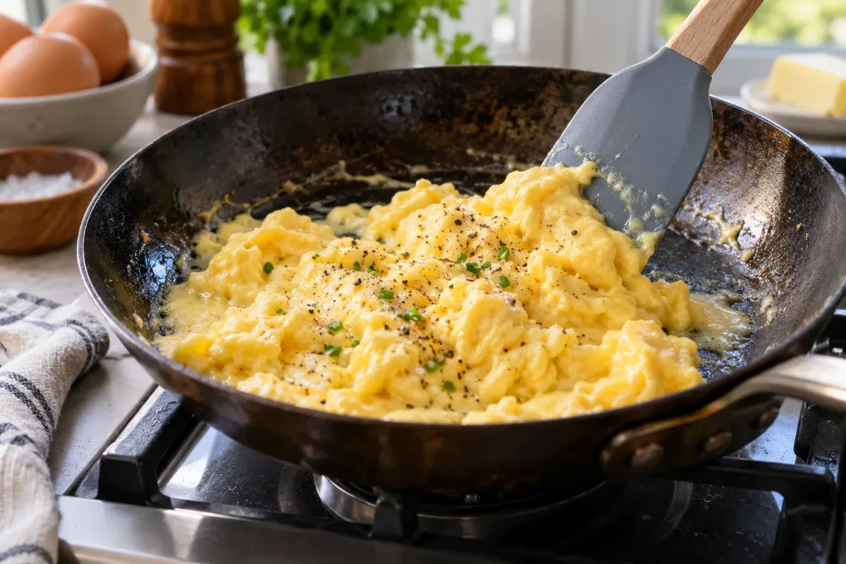 Scrambled eggs cooking in a carbon steel pan