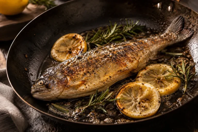 A whole fish frying in a carbon steel pan