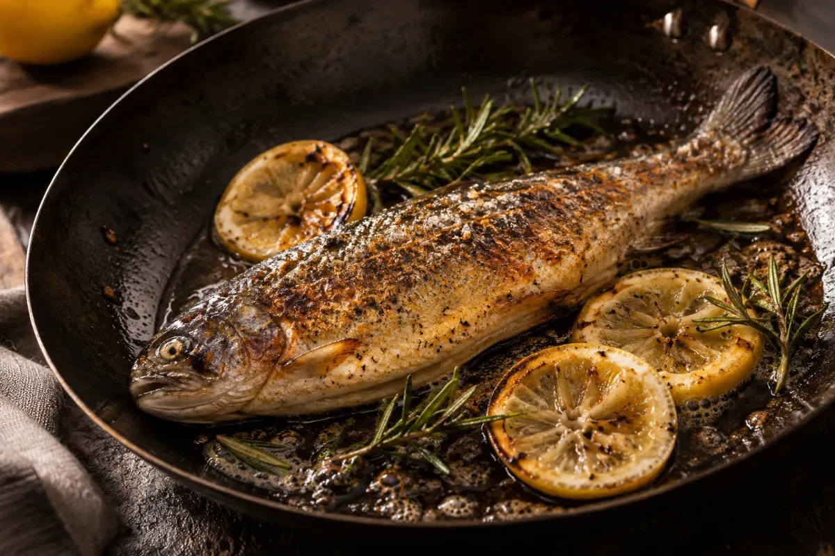 A whole fish frying in a carbon steel pan