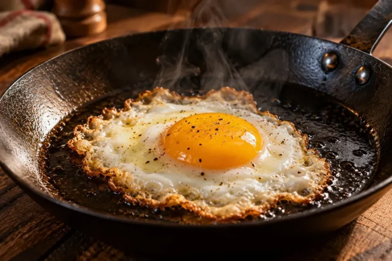 A sunny-side-up egg with crisp edges frying in a seasoned carbon steel pan
