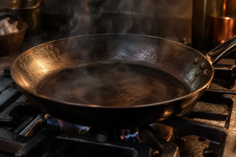An empty carbon steel pan smoking on high heat
