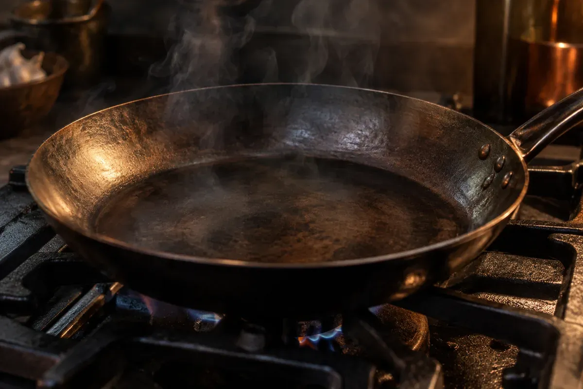 An empty carbon steel pan smoking on high heat