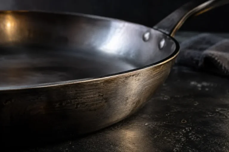 Close up of a carbon steel pan showing its metal thickness