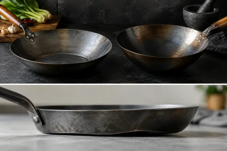 A carbon steel pan with a warped uneven base