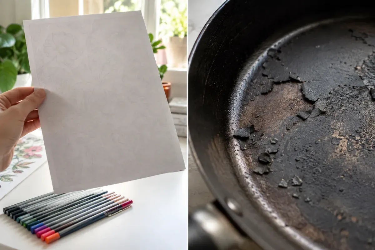 A carbon steel pan with flaking peeling seasoning