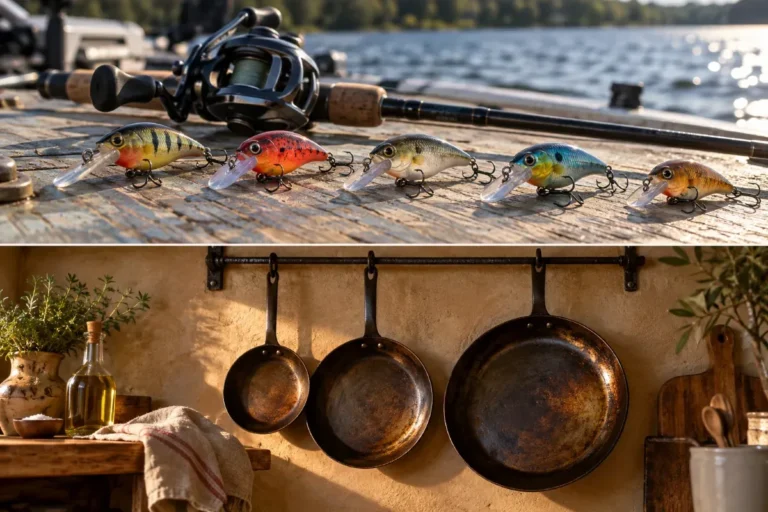 Seasoned carbon steel pans hanging on a rail, oiled to prevent rust