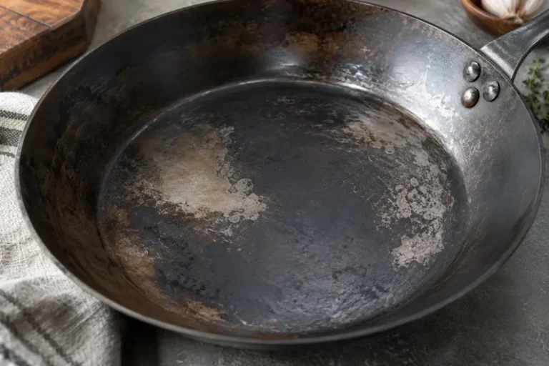 A carbon steel pan with patchy uneven seasoning