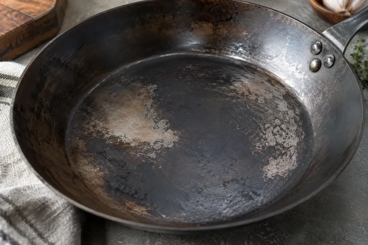 A carbon steel pan with patchy uneven seasoning