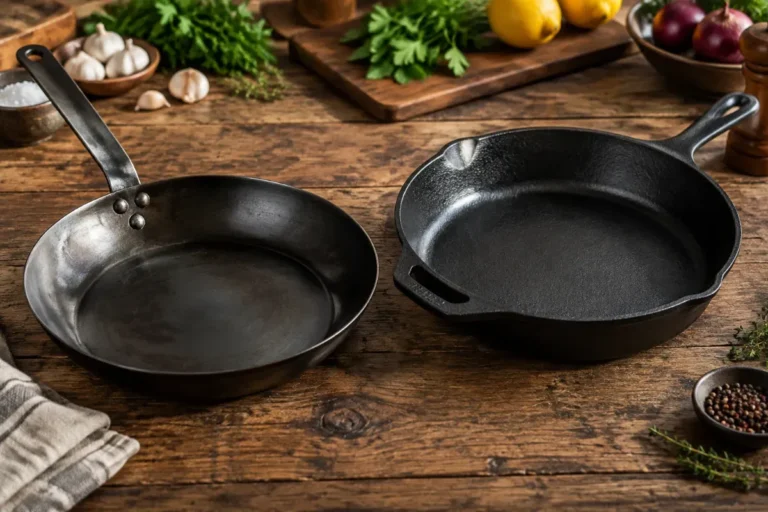 A carbon steel pan and a cast iron skillet side by side