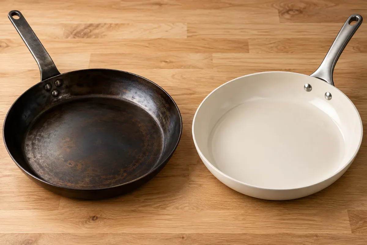 A carbon steel pan and a ceramic non-stick pan side by side for comparison