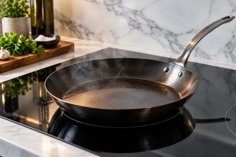 A carbon steel frying pan on a black glass induction cooktop in a modern kitchen