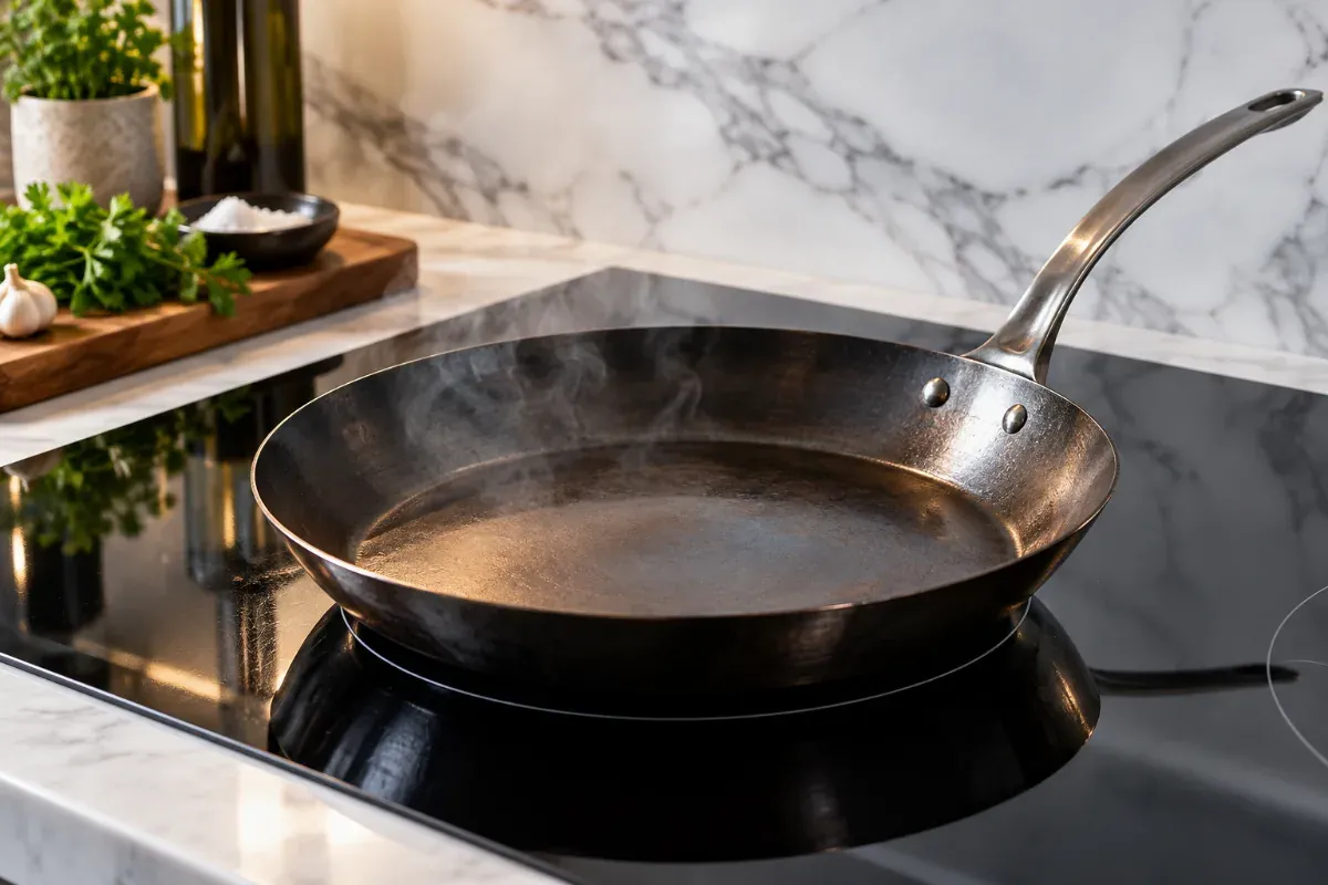 A carbon steel frying pan on a black glass induction cooktop in a modern kitchen