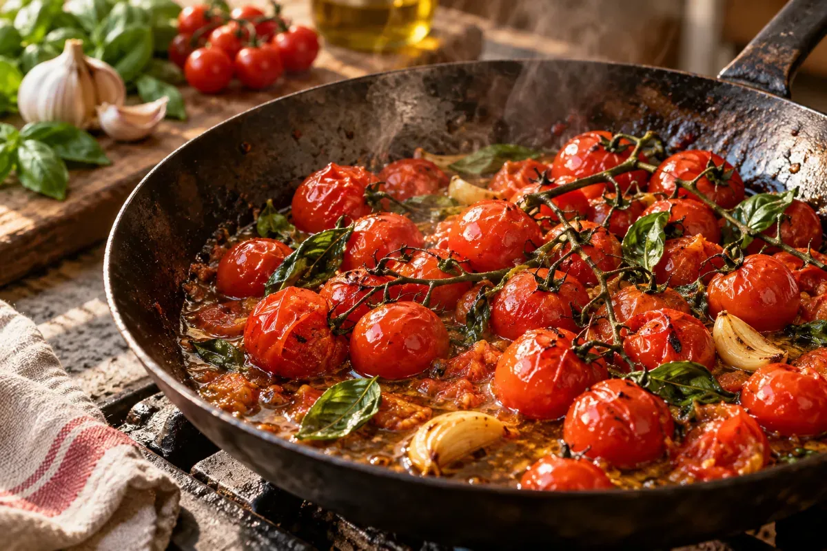 Cherry tomatoes blistering in a carbon steel pan with garlic and basil