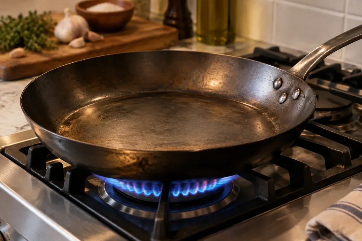 A carbon steel pan on a burner showing cooking surface versus size
