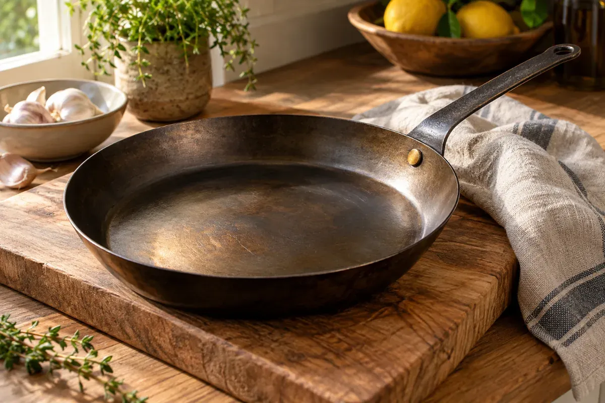 A carbon steel pan with an iron handle and brass rivet